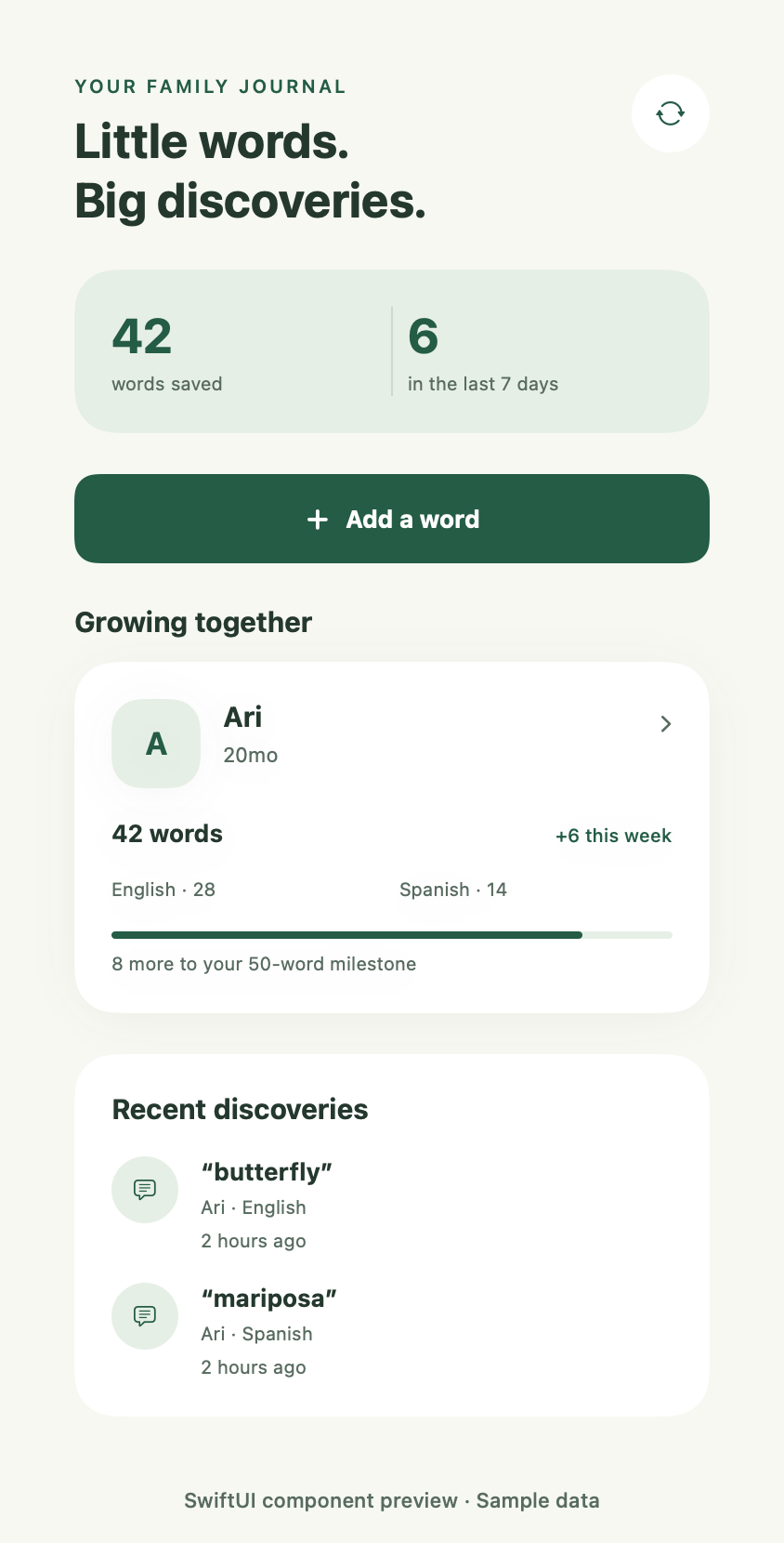 WordSprout journal design showing a child's saved words, languages, and recent discoveries.